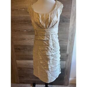 Mother Of Bride Formal Cocktail Wedding Dress Champagne Pearls Metallic Sz 8